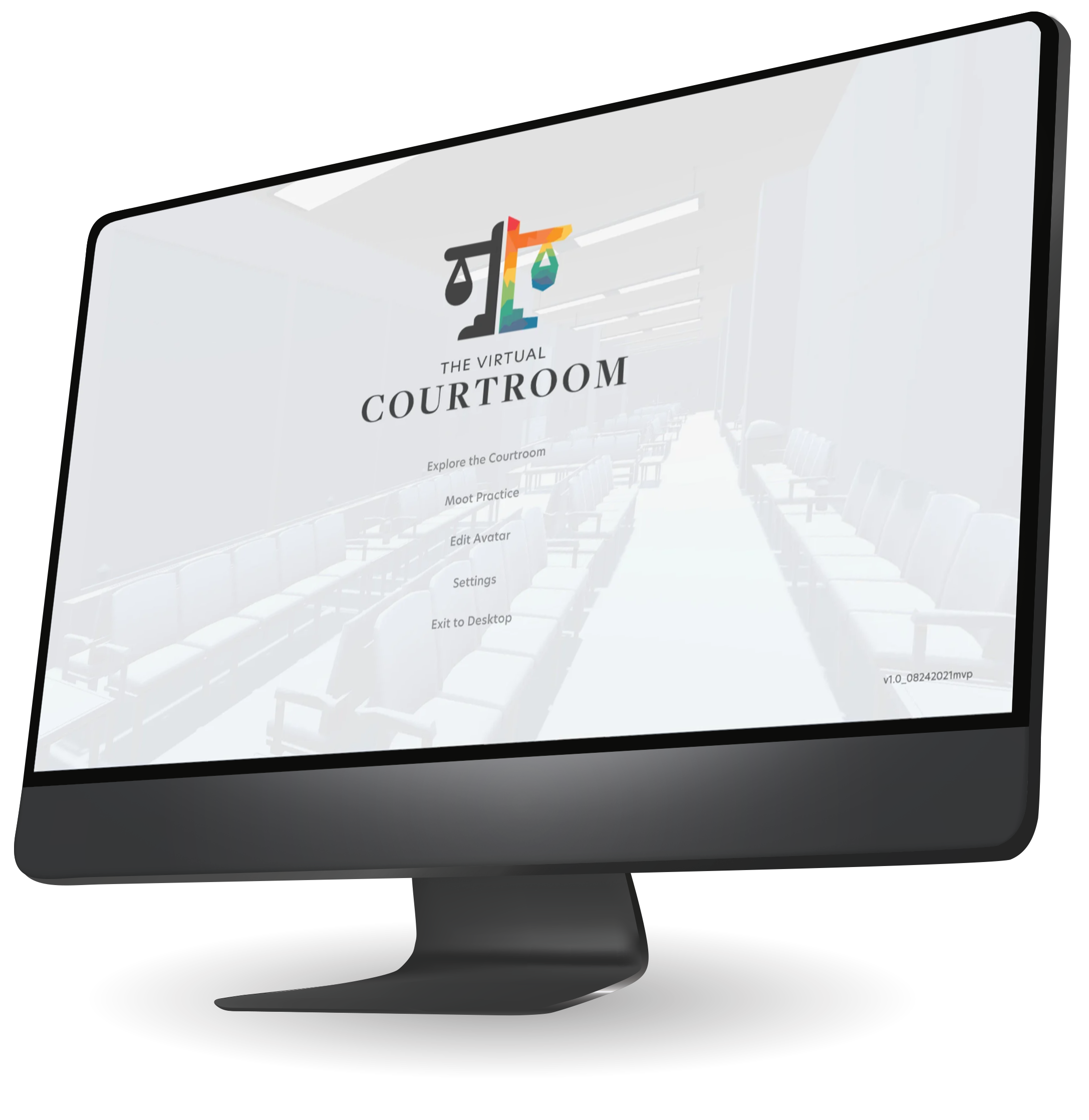 3D virtual courtroom displayed on a desktop monitor
